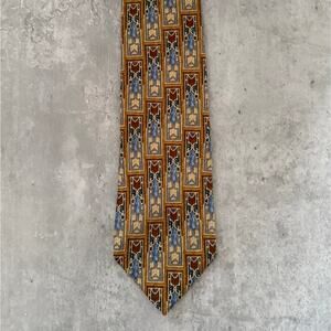 1990s Ermenegildo Zegna Silk Tie Vintage Gold Brown Blue Geometric Window Pane